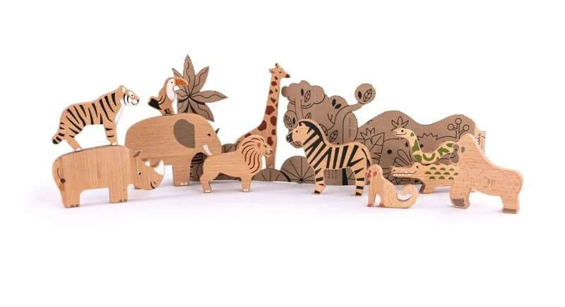 11 Figurines En Bois Animaux De La Jungle Et Savane Bajo
